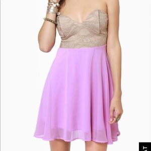 Strapless beige and purple dress
